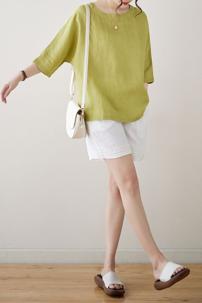 Green Half Sleeve Linen Tops C4855