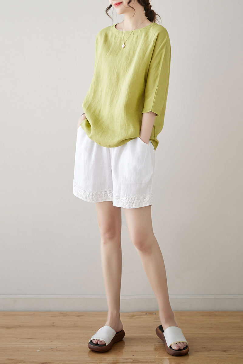 Green Half Sleeve Linen Tops C4855