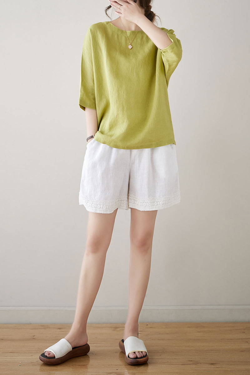 Green Half Sleeve Linen Tops C4855