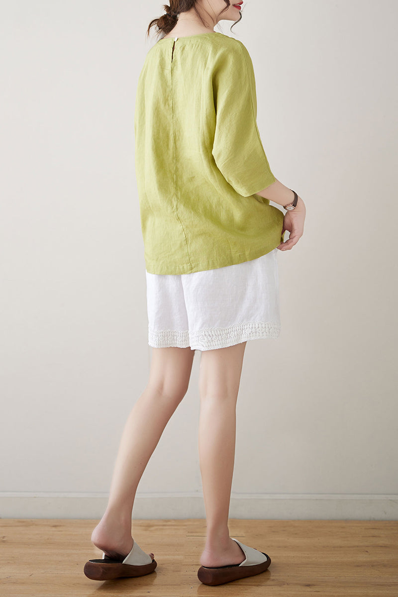 Green Half Sleeve Linen Tops C4855