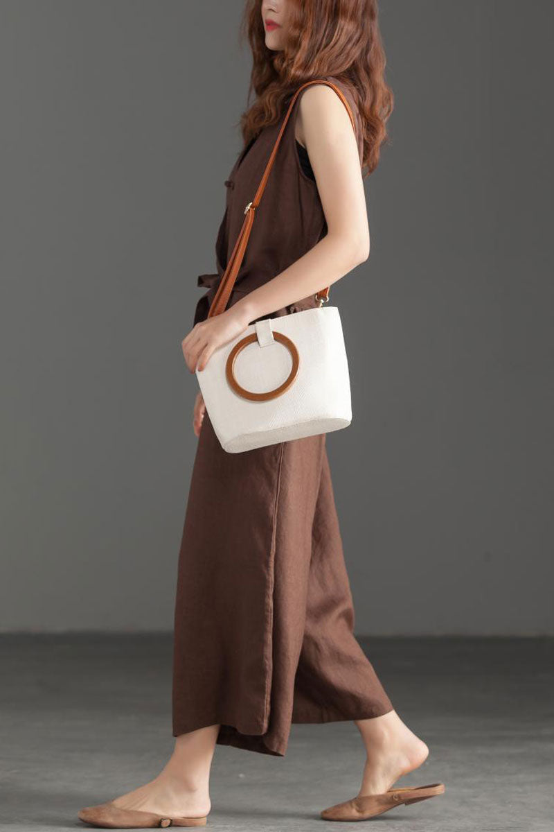 Deep V Neck Linen Jumpsuits in Coffee Color C2392