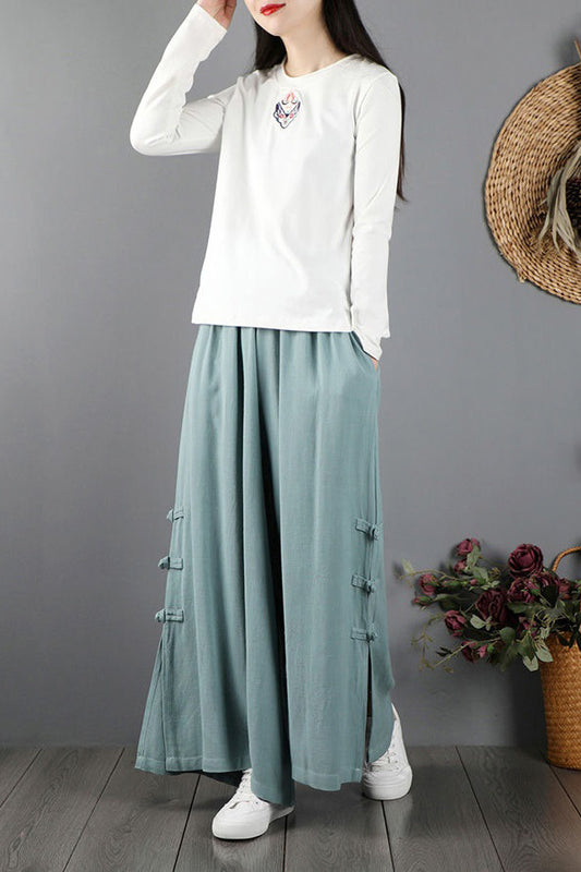 Light Blue Linen Wide Leg Pants - Handmade Elastic Waist C2872