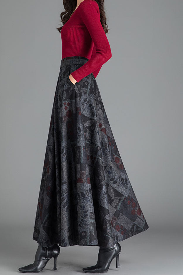 Retro Flower Print Warm Long Wool Skirt C2474