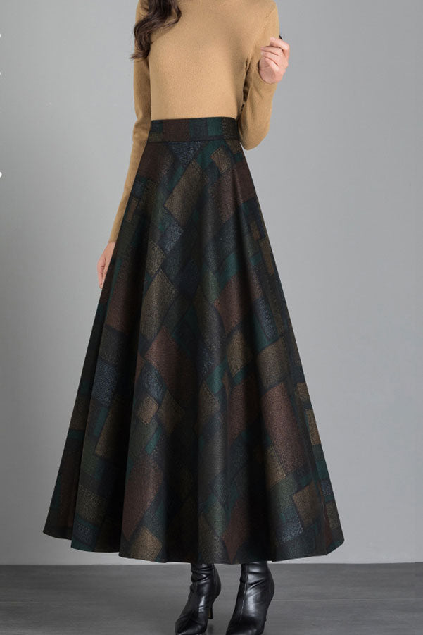 Retro Flower Print Warm Long Wool Skirt C2474