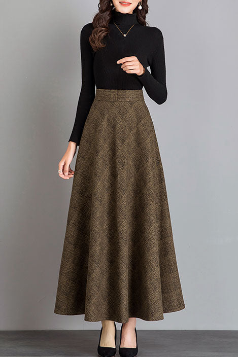 Retro Long Maxi Wool Plaid Skirt Women C2476
