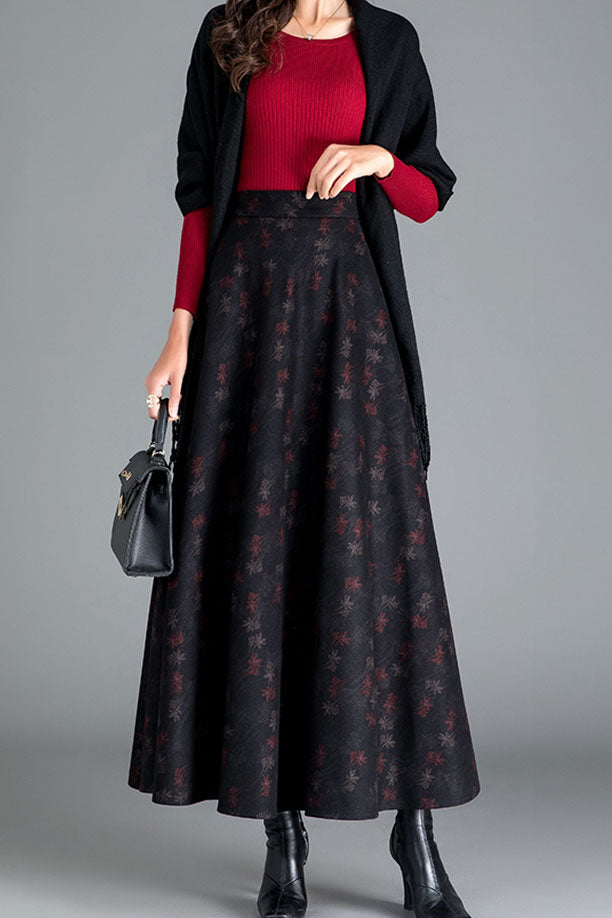 Big Swing A Line Print Wool Skirt Women C2475