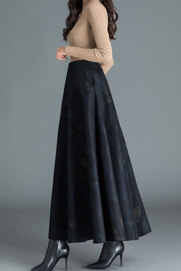 Retro Flower Print Warm Long Wool Skirt C2474