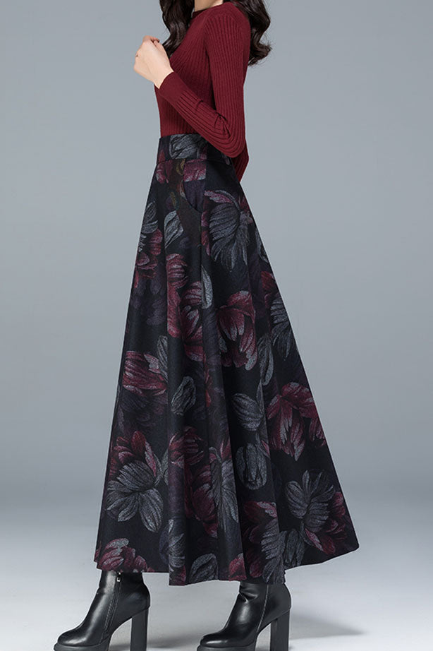 Big Swing A Line Print Wool Skirt Women C2475