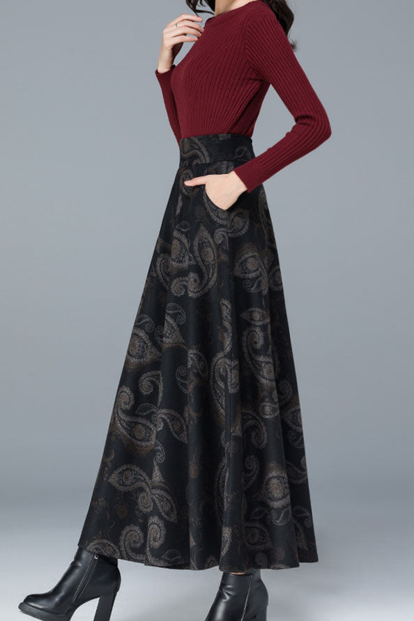Big Swing A Line Print Wool Skirt Women C2475