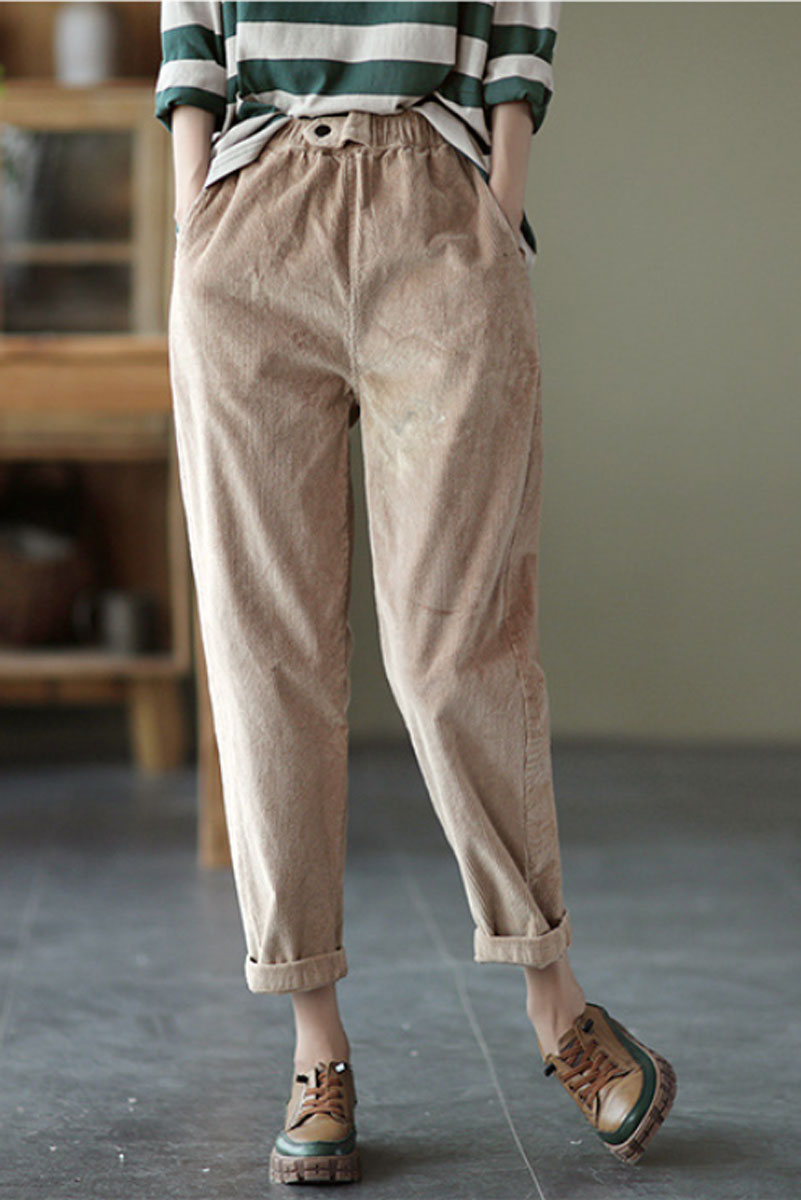 Khaki Elastic Waist Corduroy Pants C2440