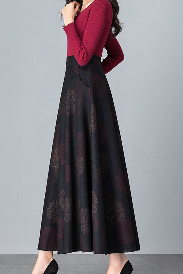 Retro Flower Print Warm Long Wool Skirt C2474