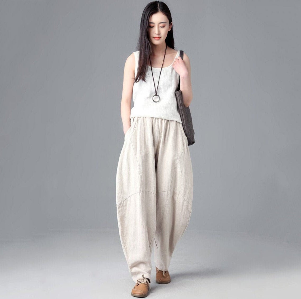 Casual Elastic Waist Linen Pants C1857