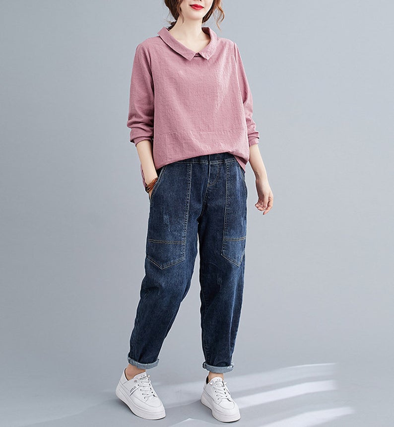Pink Long Sleeves Linen Tops C200301