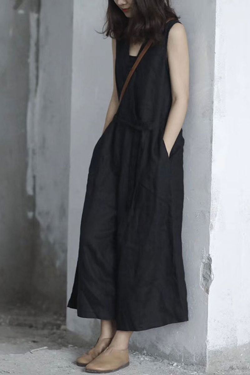 V Neck Black Linen Jumpsuits C2393