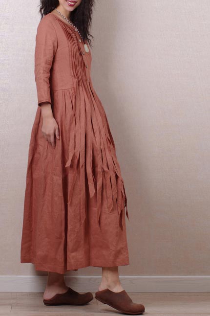 Literary style retro pleated long sleeves  linen maxi dress 190237