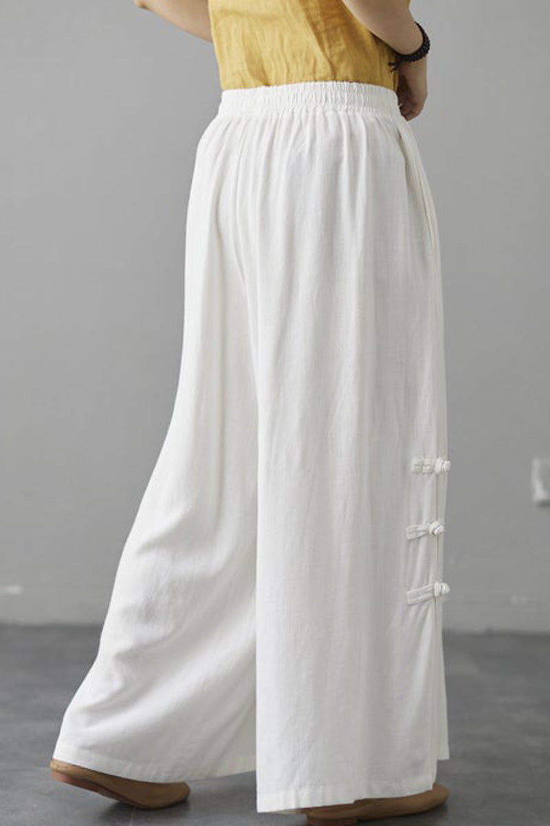 White Elastic Waist Wide Leg Linen Pants C181604