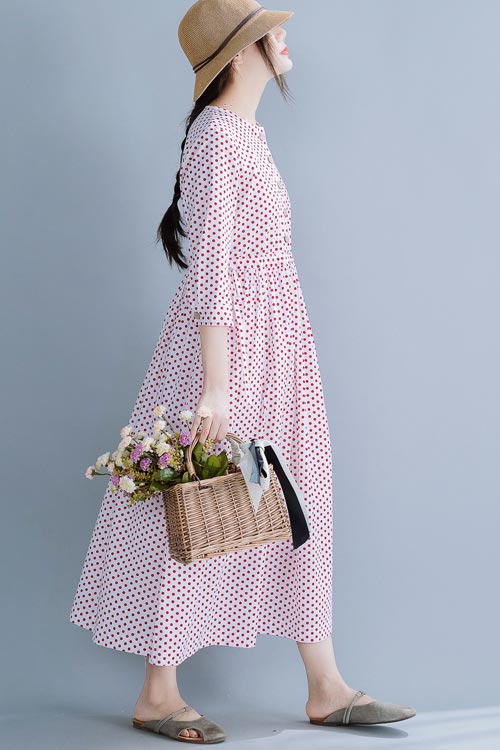 Cotton round collar long dress waist show slim temperament dress 190233
