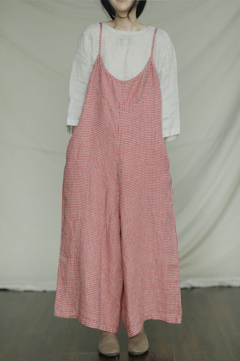 Red Plaid Sleeveless Linen Jumpsuits C2398
