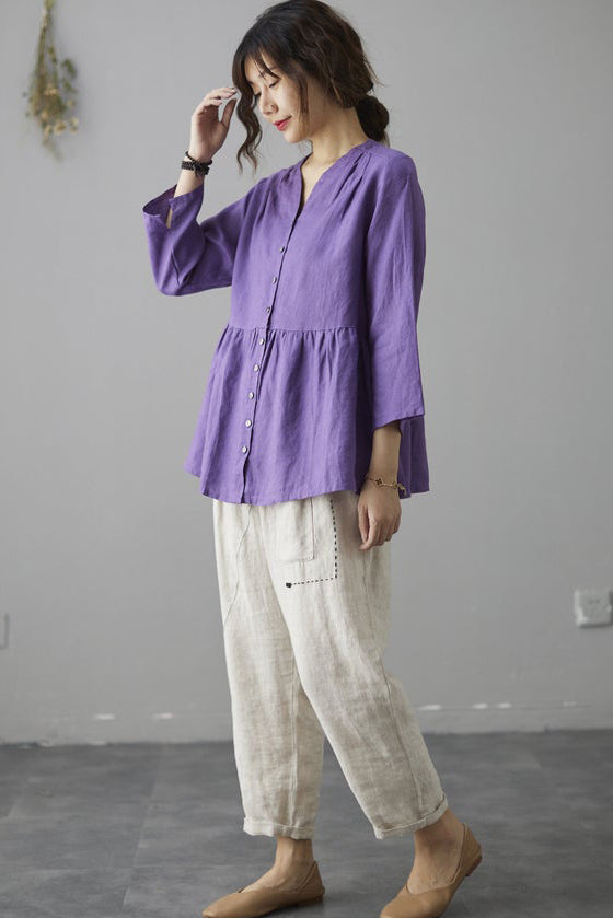 Purple Casual Long Sleeves Linen Shirt Tops C184903