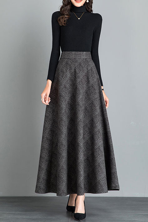Retro Long Maxi Wool Plaid Skirt Women C2476