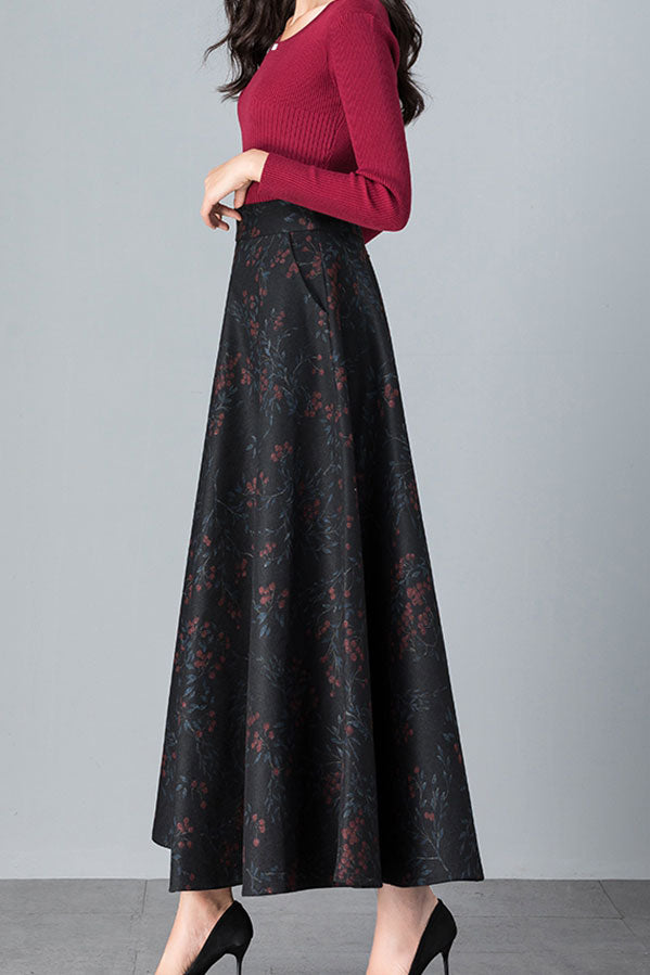 Big Swing A Line Print Wool Skirt Women C2475
