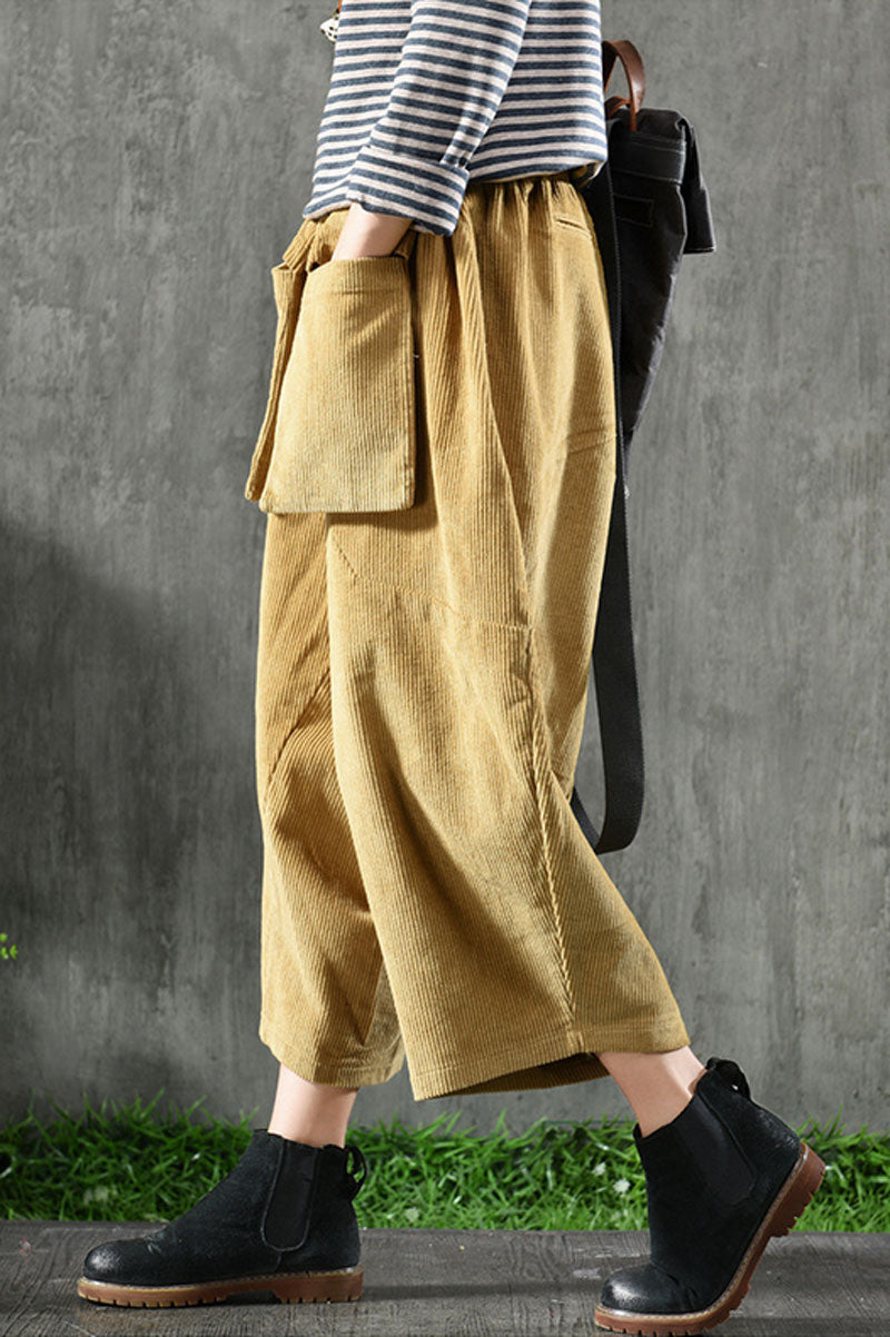 Yellow Elastic Waist Corduroy Pants C2441