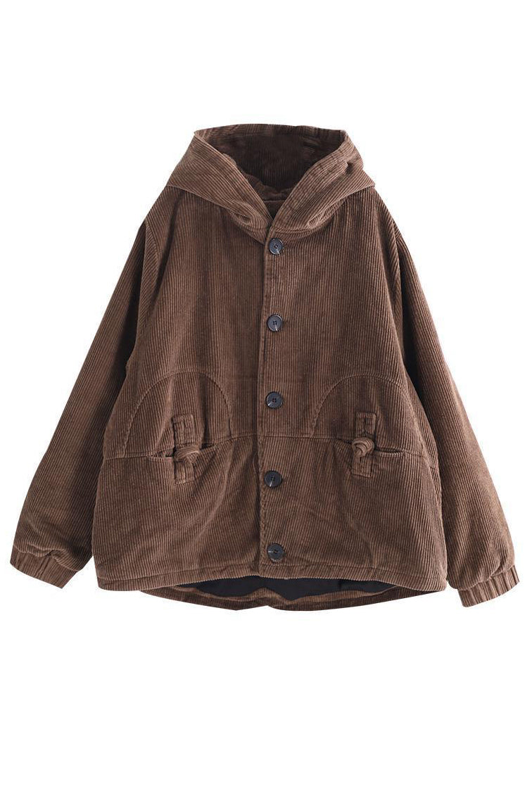 Coffee Hooded Winter Warm Corduroy Coats C2983