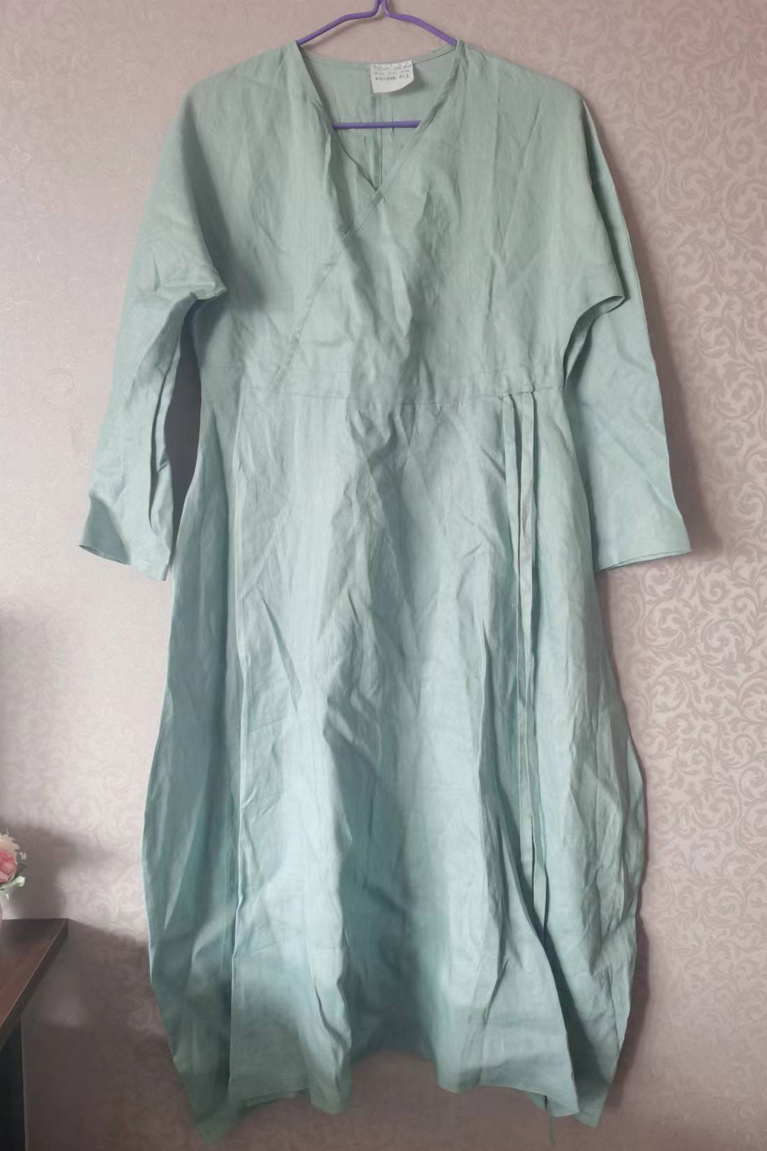 Drawstring Waist Long Sleeve Linen Dress C2911#CK
