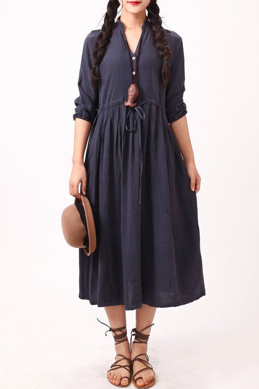 Navy Cotton Linen Midi Dress - V-Neck with Drawstring Waist A006