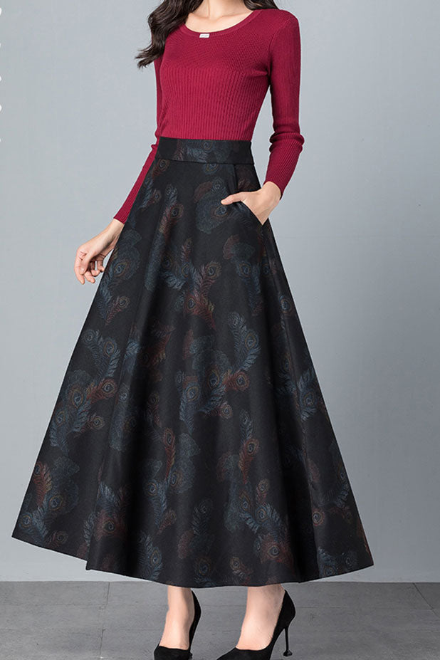 Retro Flower Print Warm Long Wool Skirt C2474