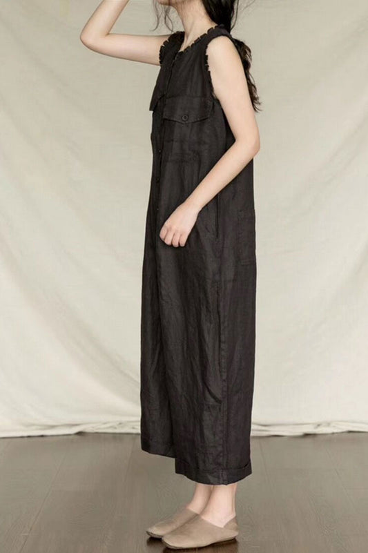 Black Linen Jumpsuit - Round Neck Loose Fit with Side Pockets C2397