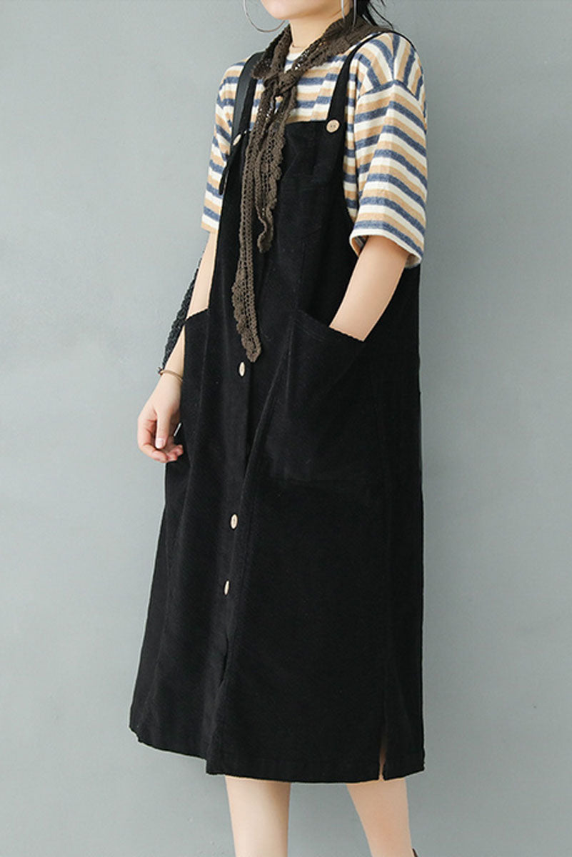 Black Corduroy Strap Dress C2447