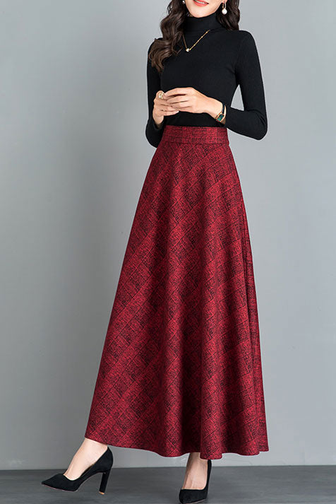 Retro Long Maxi Wool Plaid Skirt Women C2476
