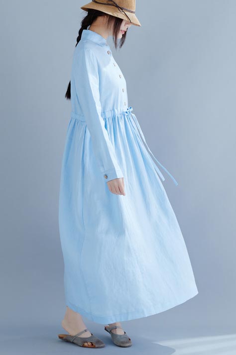 Flax art sen department doll collar long loose waist cotton and linen dress 190236