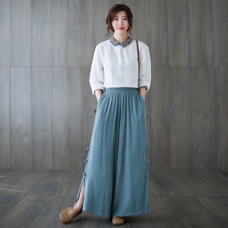 Blue Elastic Waist Wide Leg Linen Pants C1816