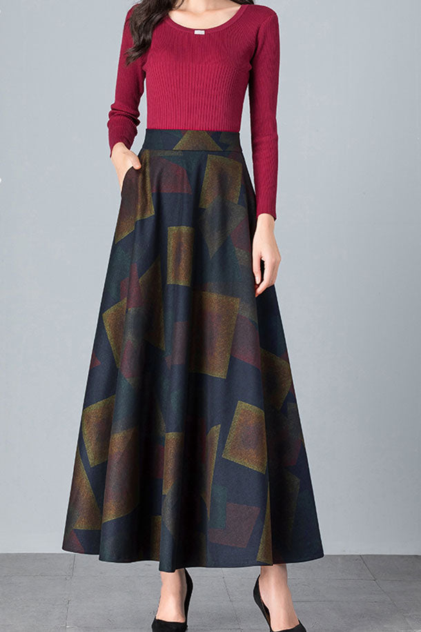 Retro Flower Print Warm Long Wool Skirt C2474
