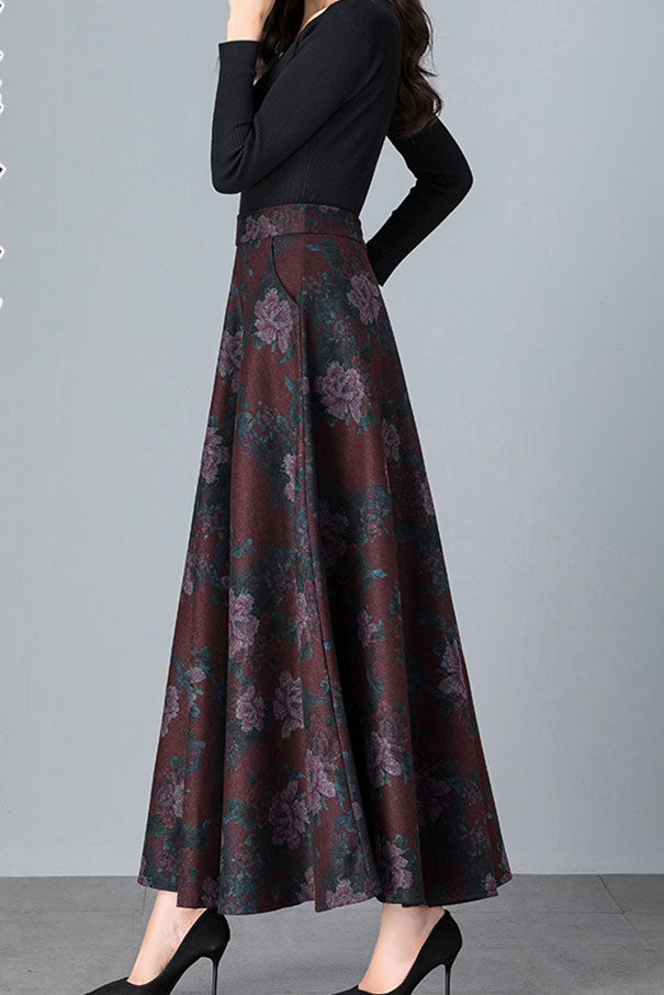 Big Swing A Line Print Wool Skirt Women C2475
