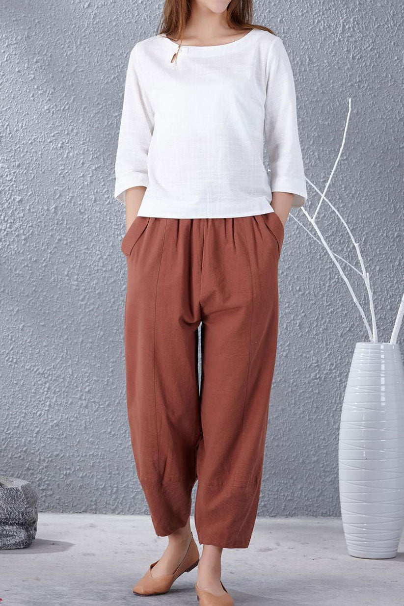 Casual wild leg linen pants with elastic waist A007