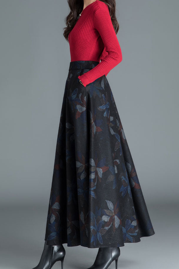 Retro Flower Print Warm Long Wool Skirt C2474