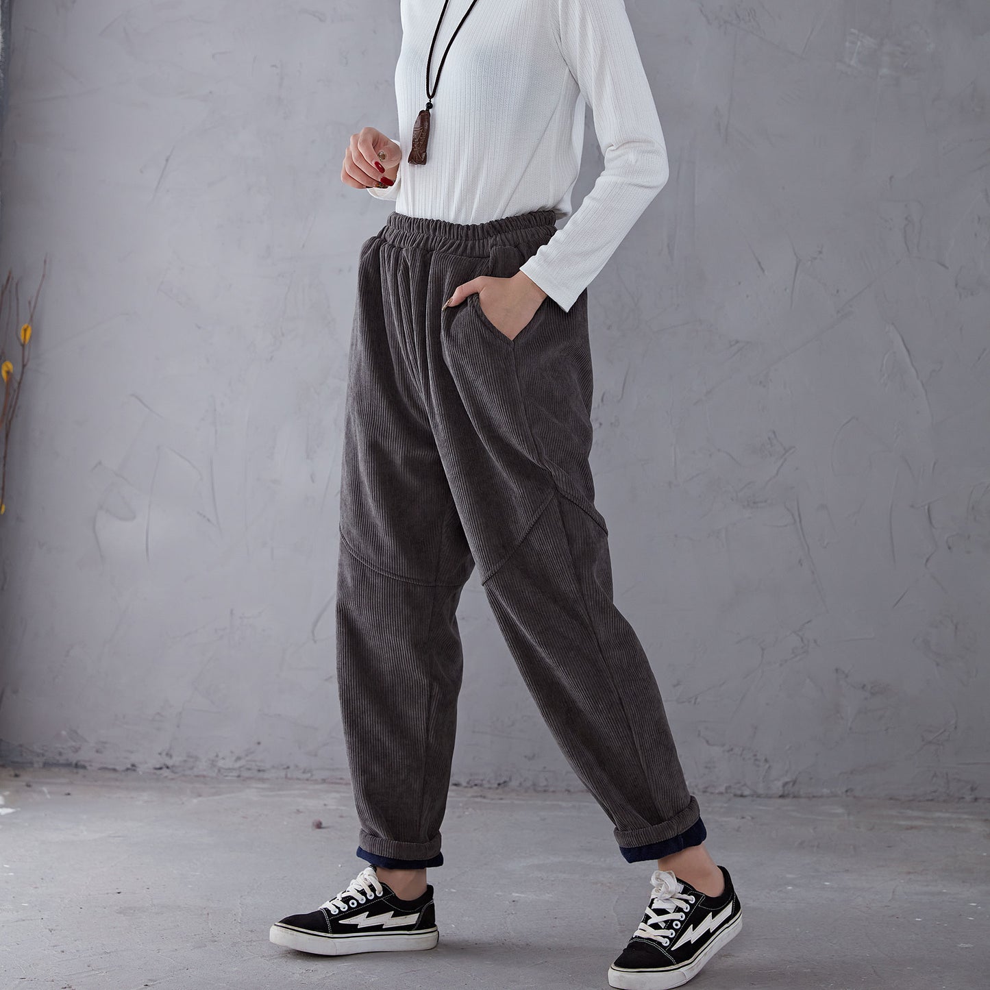 Gray Elastic Waist Corduroy Pants C191001