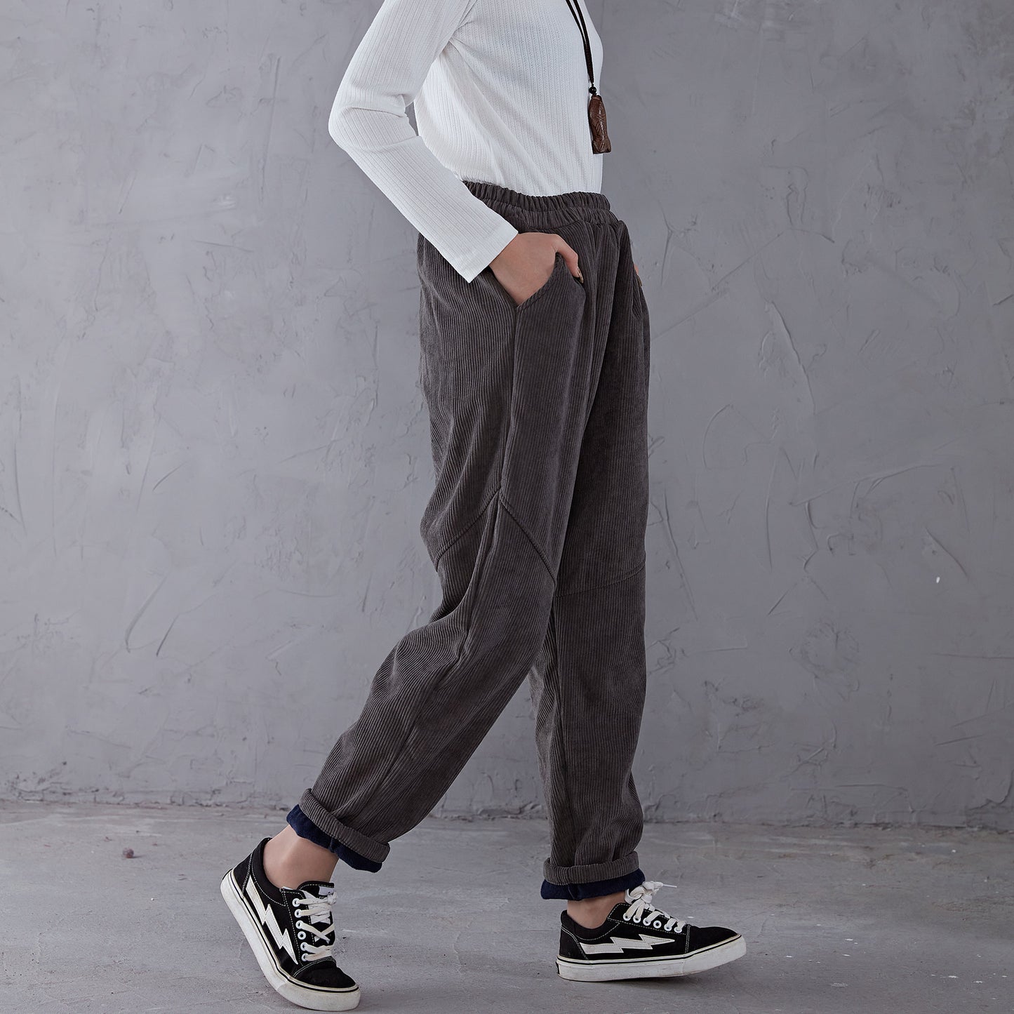 Gray Elastic Waist Corduroy Pants C191001