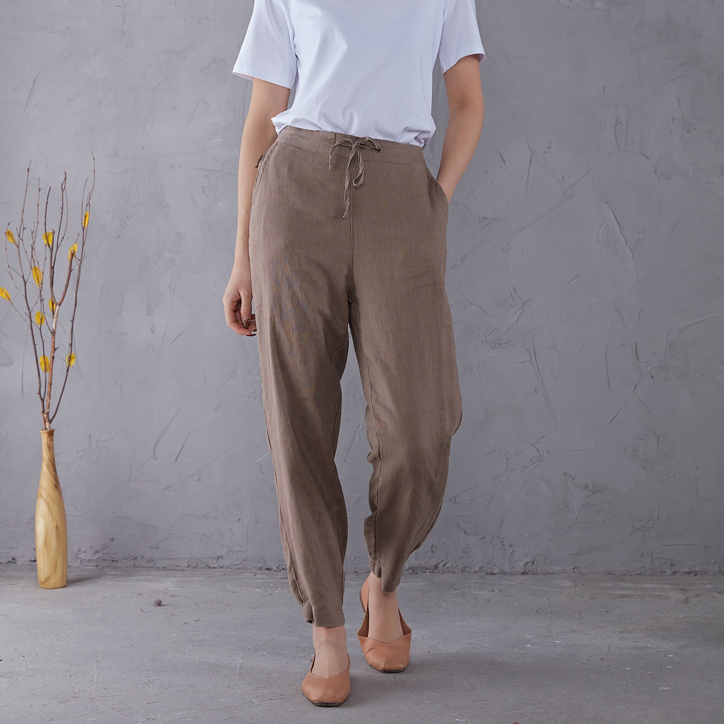 Elastic Waist Minimalist Linen Pants C1902