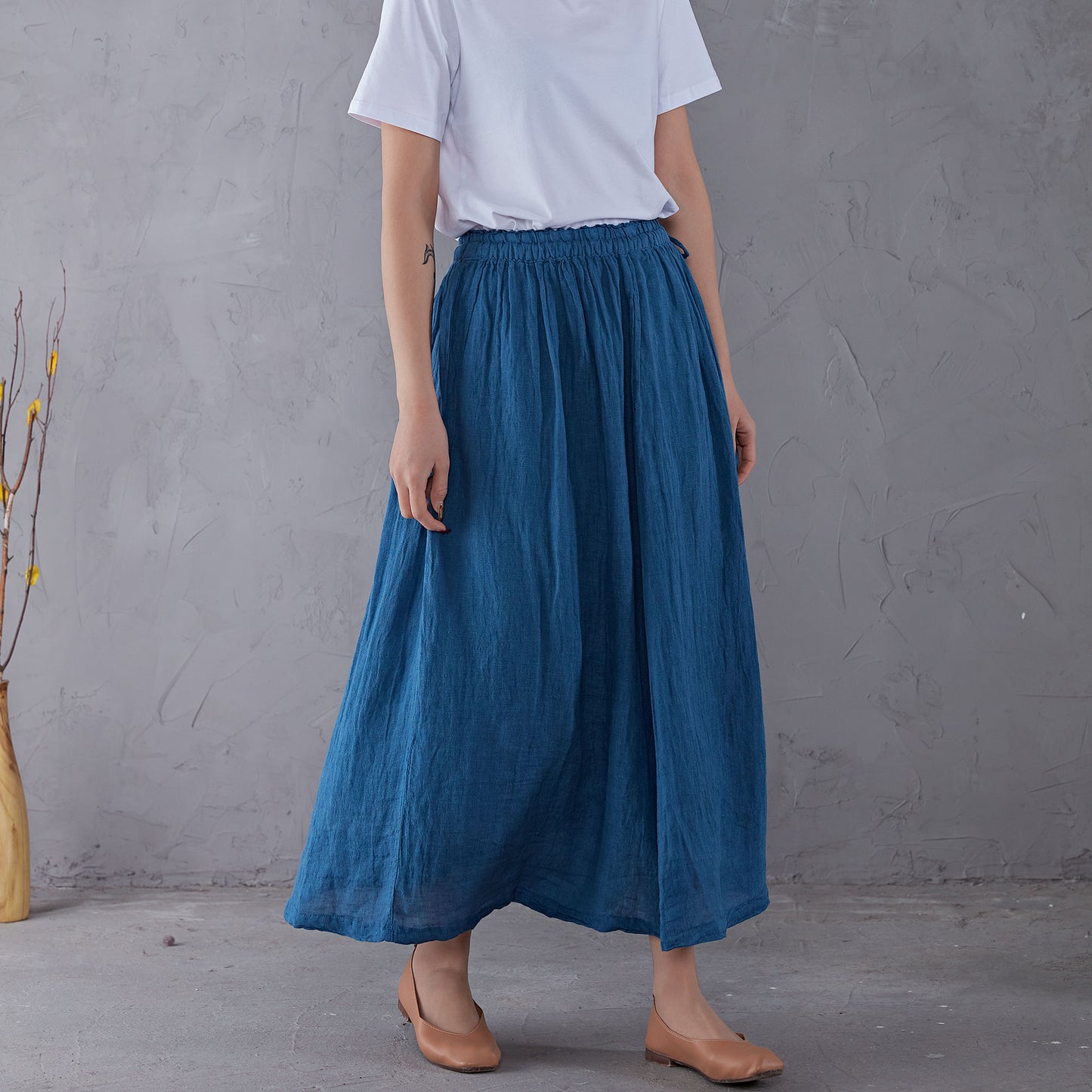 Blue Elastic Waist Linen Swing Skirt C1903