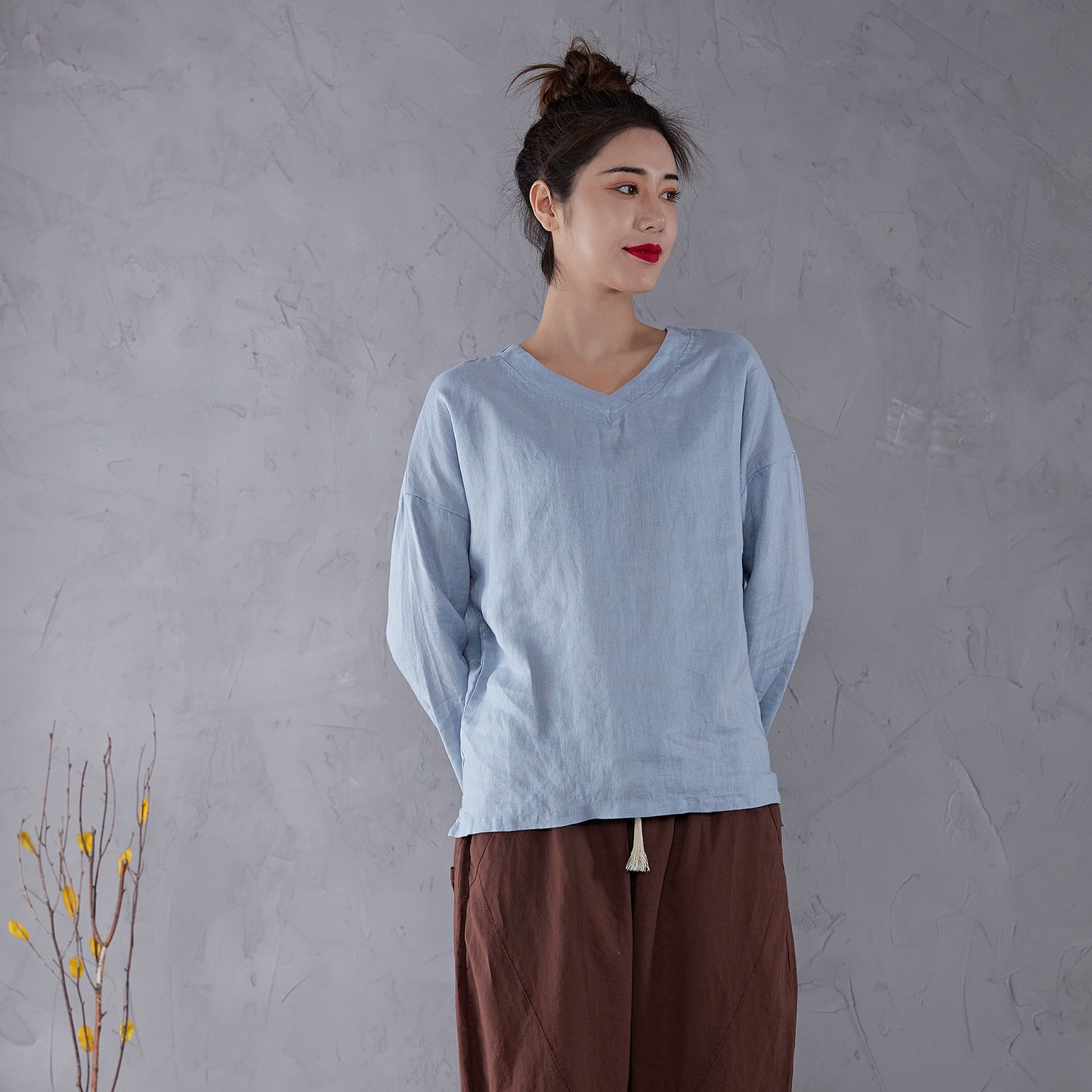 Blue Basic Oversize Linen Top C1911