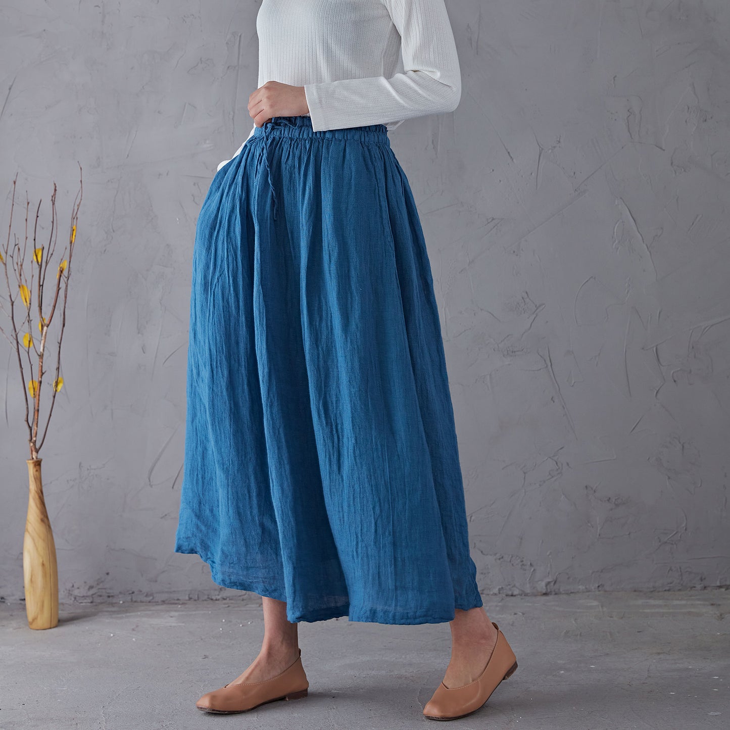 Blue Elastic Waist Linen Swing Skirt C1903