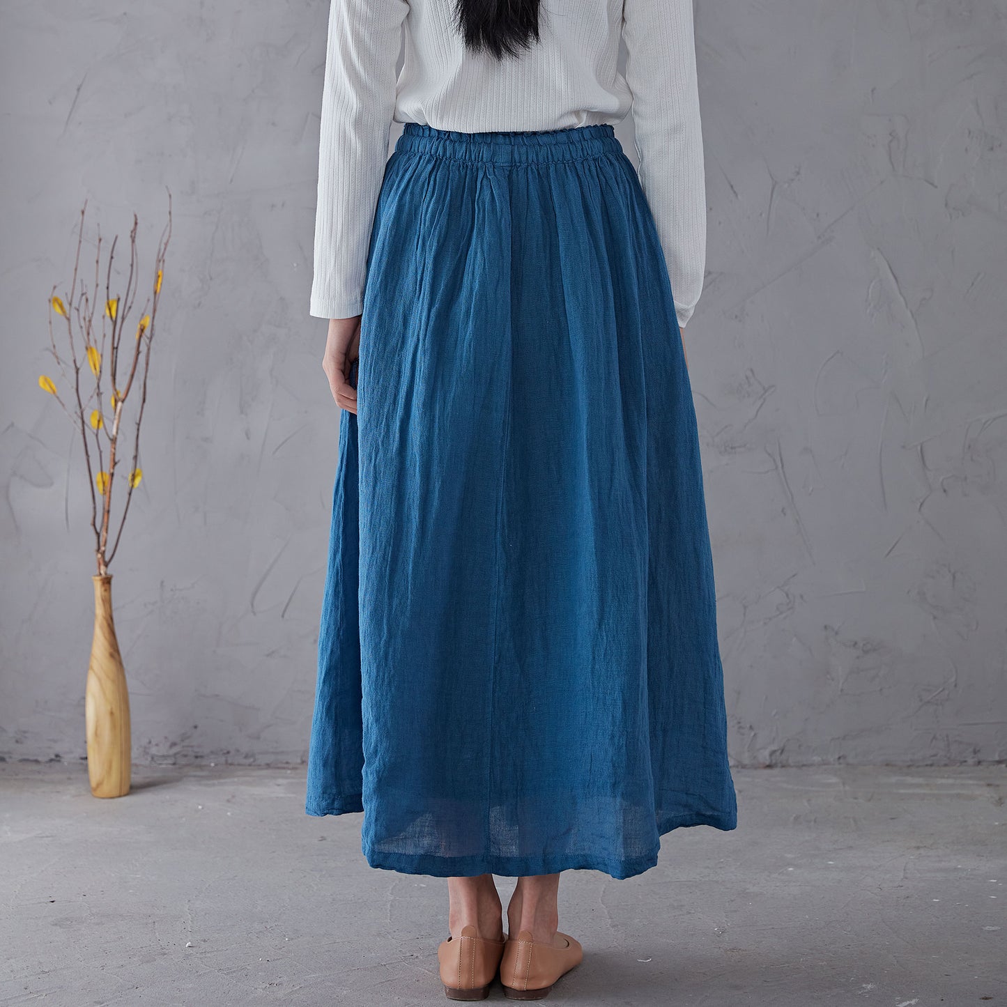 Blue Elastic Waist Linen Swing Skirt C1903