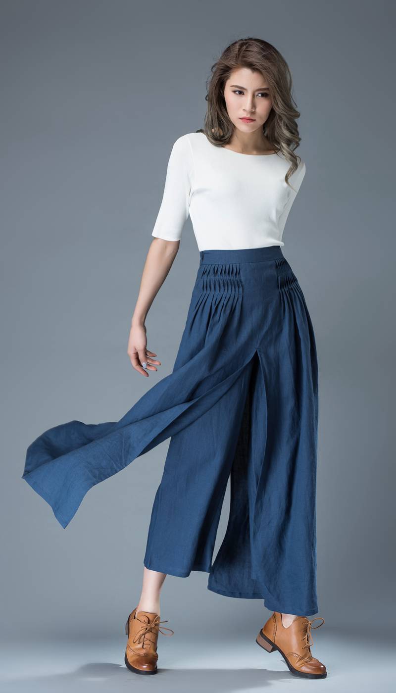 Side Zipper High Waist Linen Palazzo Pants C836