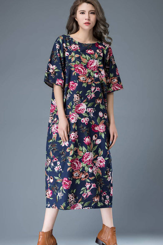 Dark Blue Floral Linen Midi Dress - Ruffle Hem, Bell Sleeves c813