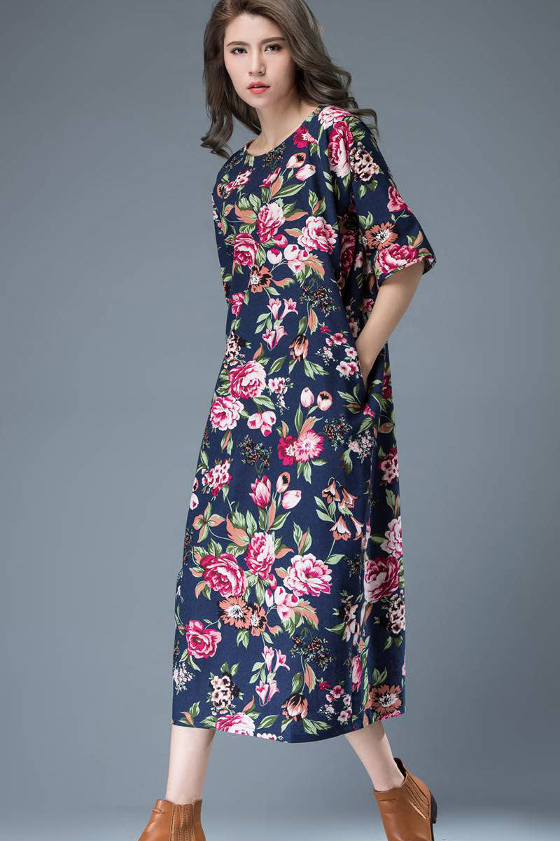 womens elegant floral linen dress C813 XS/L#YY03468