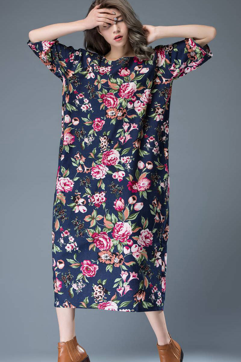 womens elegant floral linen dress C813 XS/L#YY03468